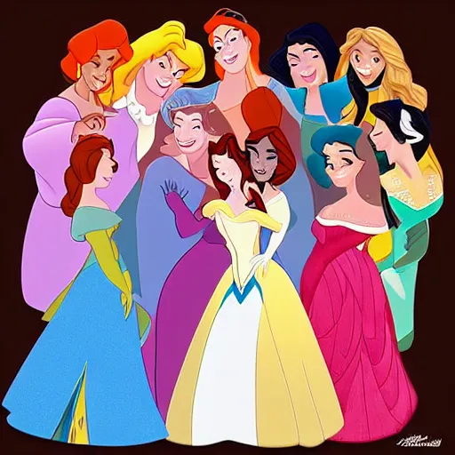 Image similar to All the Disney Princesses in a group hug, digital art