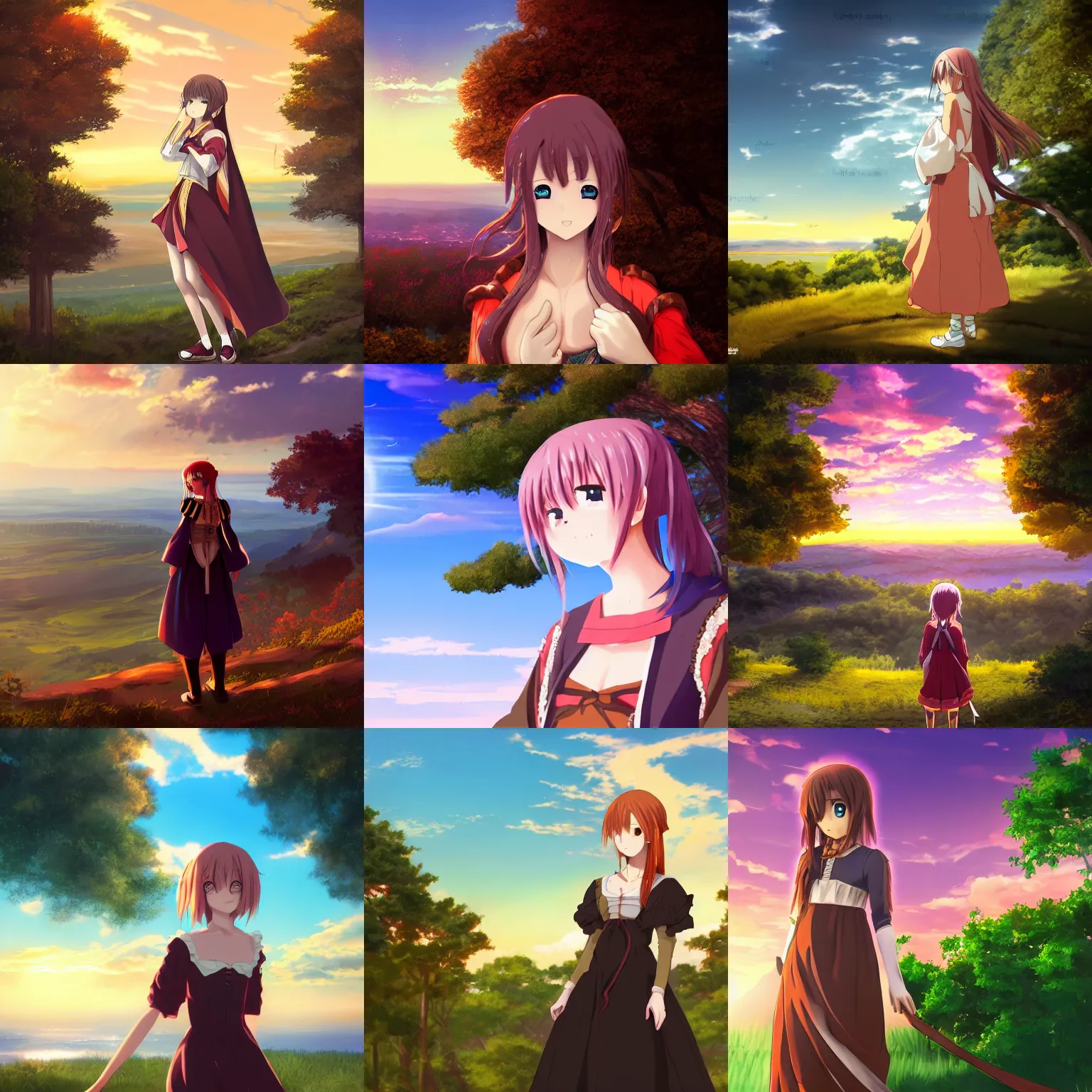 Prompt: anime teen in renaissance dress looks to beautiful horizon, rock, trees, sunset, polaroid, 4k, 8k, hd, high-detailed, artstation trending, award winning