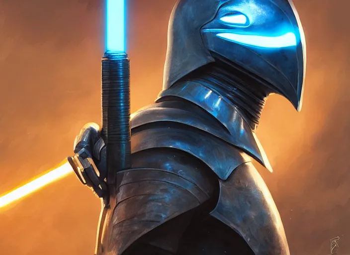 Image similar to matte portrait of blue thresher shark head knight, holding a lightsaber, fantasy, wonderful masterpiece highly detailed, scifi, beautiful cinematic light deep focus, elegant, digital painting, smooth, sharp focus, golden ratio, dramatic illumination, ultra realistic, 8 k, art by greg rutkowski wlop rossdraws