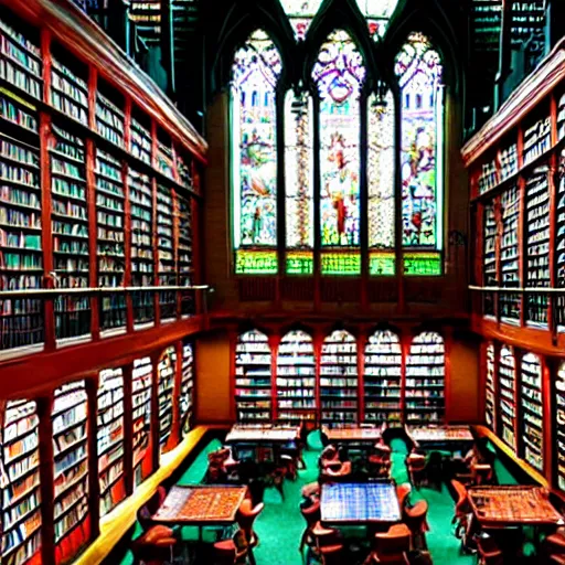 Prompt: Awesome library with huge stacks of books, stained glass windows, godrays, tables with people playing board games and reading and studying, and a slide from the top floor to the bottom. high quality. professional