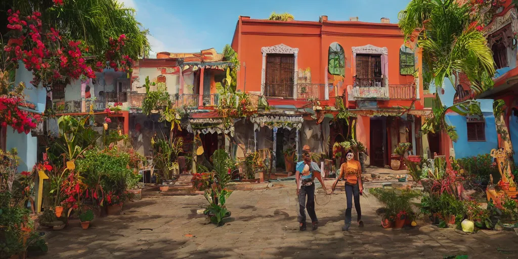 Image similar to An epic fantastic realism comic book style painting of the mexican colonial town environment with beautiful houses, exquisite bouquets from an happy culture, fisheye, unreal 5, DAZ, hyperrealistic, octane render, dynamic lighting