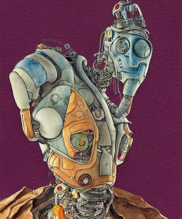 Image similar to a watercolor painting character portrait of a robot machine mutant in the style of jean giraud in the style of moebius trending on artstation deviantart pinterest detailed realistic hd 8 k high resolution