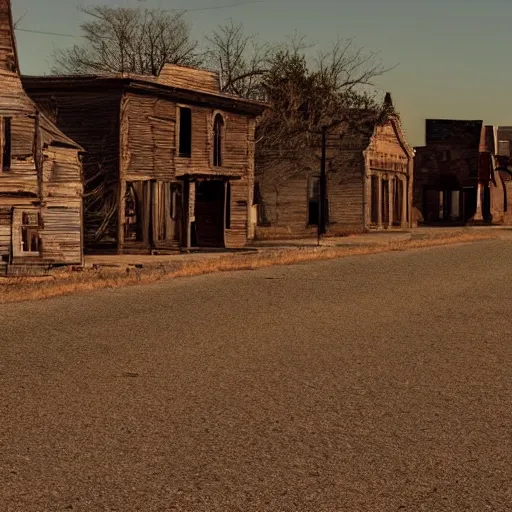 Image similar to a still of a deserted ghost town. Magic hour.