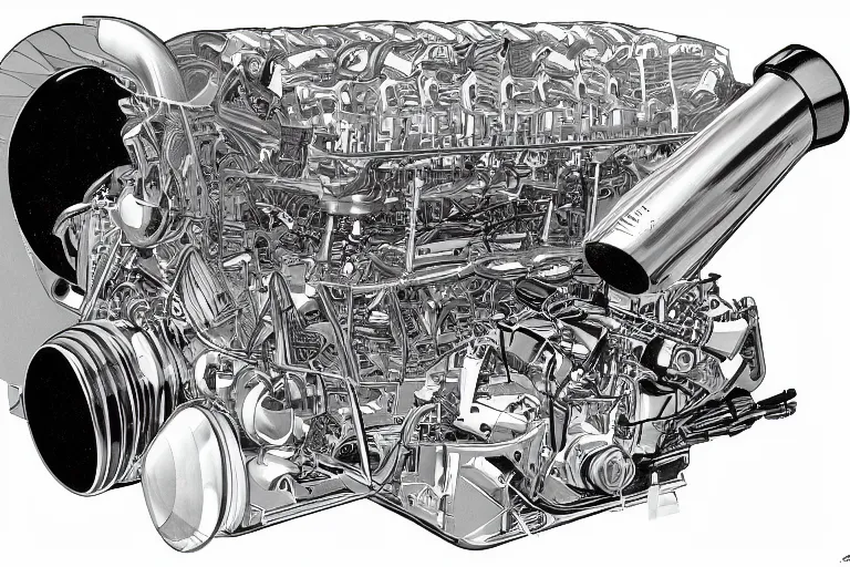 Prompt: f1 engine cutaway illustration by jean giraud moebius engineering black and white chrome