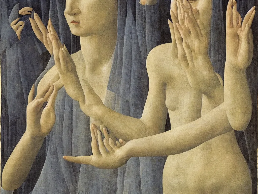 Prompt: Delicate hands of a woman holding broken teeth. Piero della Francesca, Rene Magritte, Jean Delville, Max Ernst, Maria Sybilla Merian