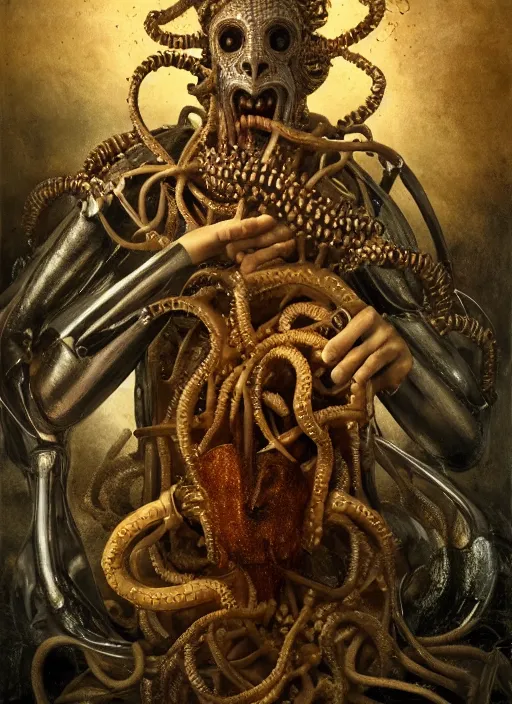 Image similar to portrait of king arthur knight medusa cyborg feeding from a mouth tube, kintsugi, modern fine art, fractal, intricate, elegant, highly detailed, digital photography, subsurface scattering, by jheronimus bosch and carravagio and greg rutkowski,