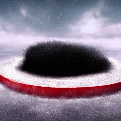 Prompt: a large glob of black fuzz floating in the middle of the screen, with a red outline, matte painting, concept art, 4 k