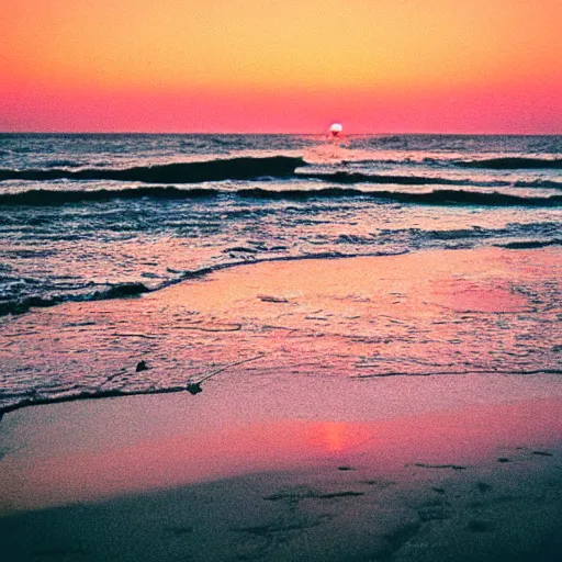 Prompt: california beach sunset on portra 400 film, washed out colour, looking out at the ocean