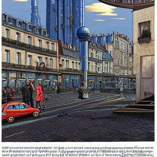 Prompt: a tall man standing next to a huge car, paris street view, city in the background, people walking in the distance, reflections on wet streets, dieselpunk style, steampunk, art by jean giraud and juan gimenez ; architecture by francois schuiten, beautiful illustration, drawing, painting, clean lines, digital art, symmetric, colorful retrofutur, artstation