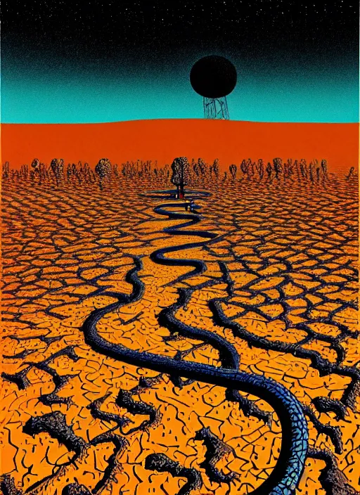 Prompt: the ancient alien crash site by patrick caulfield and ivan shishkin and zacharias aagaard and simon stalenhag and escher, dry river bed, barren desert landscape, chiaroscuro, tonalism, sfumato, high saturation, high contrast, vibrant, highly intricate details, dusty