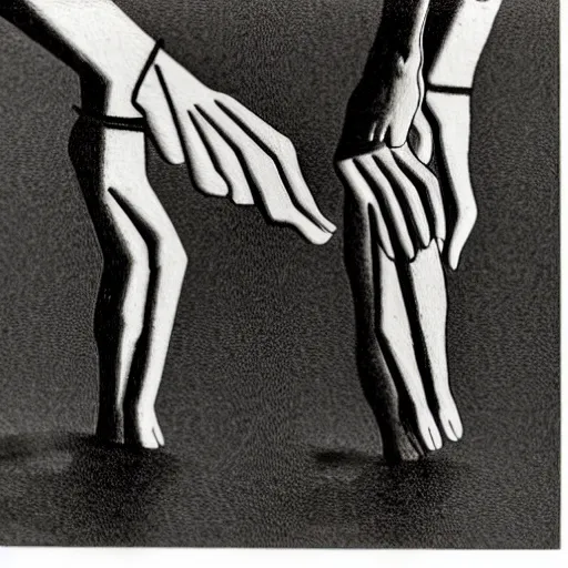 Prompt: spooky escher print of manequins walking hand in hand