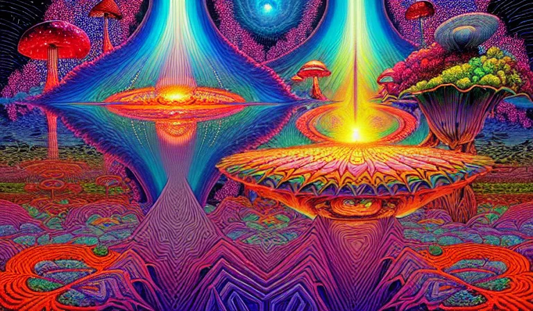 Prompt: an expansive octane redshift rendering of beautiful and complex interwoven spiritual connection between all beings by dan mumford, by jim fitzpatrick, by joe wilson, by jim burns, by victo ngai, by jacek yerka, surrounded with colorful magic mushrooms and rainbowcolored marihuana leaves, insanely integrate, featured on deviant art, trending on artstation