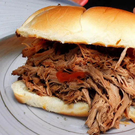 Image similar to pulled pork sandwich in the style of joe fenton