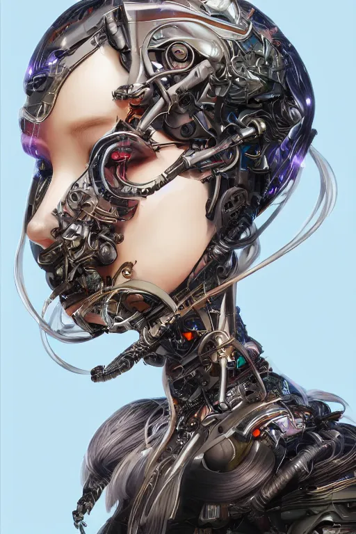 Image similar to organic cyborg head wrapped in silk, 3d, third person, sci-fi fantasy, intricate, elegant, highly detailed, lifelike, photorealistic, digital painting, artstation, illustration, concept art, sharp focus, art in the style of Shigenori Soejima