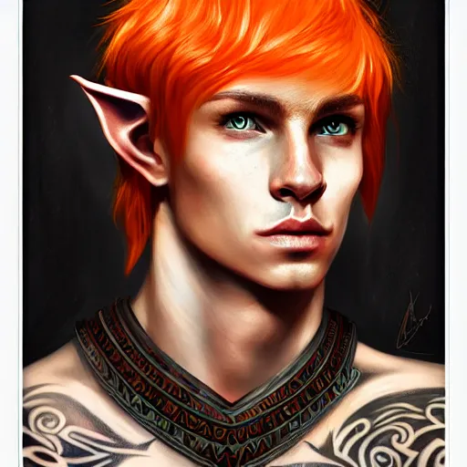 Image similar to portrait painting of an elven male teenager with short light orange hair and tribal tattoos on his face wearing fur armor, sharp focus, award - winning, trending on artstation, masterpiece, highly detailed, intricate. art by aurore folny