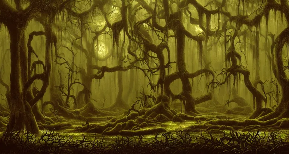 Image similar to A dense and dark enchanted forest with a swamp, by David A. Hardy