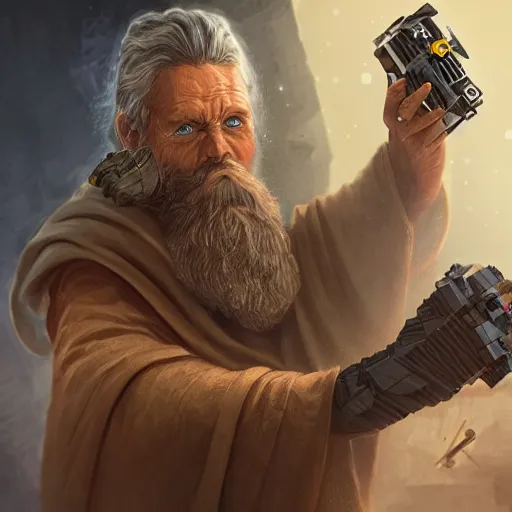 Prompt: bearded jedi building legos with prosthetic hands, star wars, legos, sci-fi fantasy,intricate,elegant,highly detailed, digital painting, artstation, concept art, Ultrarealistic illustration