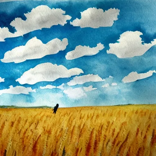 Prompt: silhouette of a girl in a field of wheat, colorful clouds in the sky, watercolor