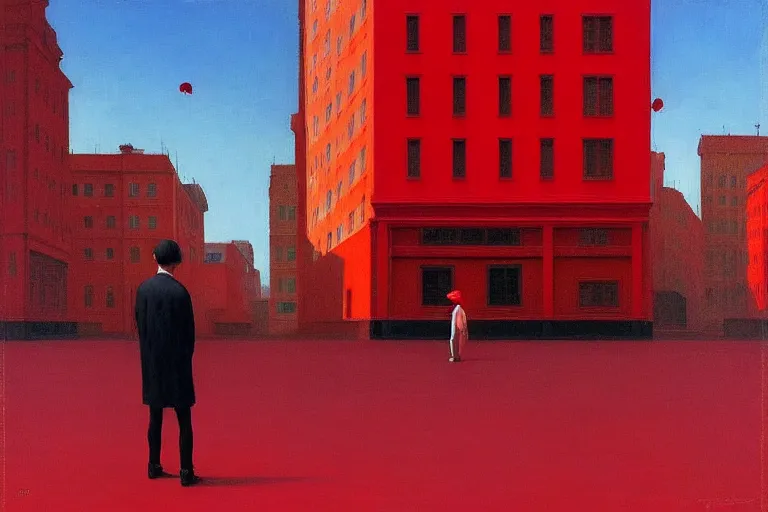 Image similar to only with red, a red old stylish man try to sell a portrait, crowd cheering, in a city square, in the style of beksinski, parts by edward hopper, parts by rodcenko, parts by yue minjun, intricate and epic composition, red by caravaggio, insanely quality, highly detailed, masterpiece, red light, artstation, 4 k