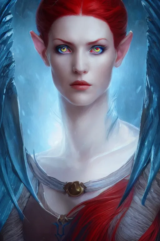 Prompt: A detailed matte oil on canvas head on symmetrical portrait of a beautiful elven woman with a blue eye and a red eye, and red and blue hair by greg rutkowski and Charlie bowater and lise deharme, trending on artstationhd, dungeons and dragons art critical role