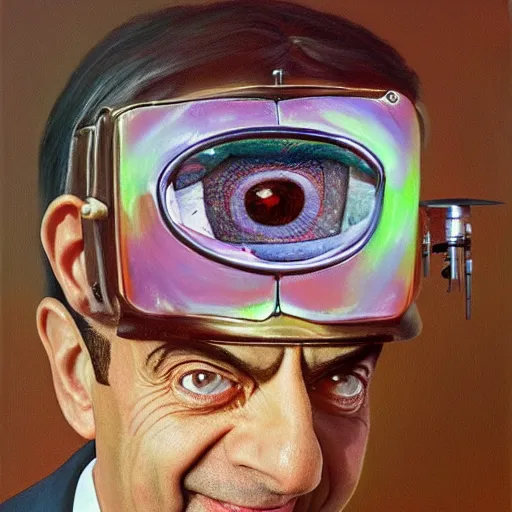 Prompt: a realistic oil painting of mr bean as a cybernetic cyborg, surrealism portrait, surrealism album cover