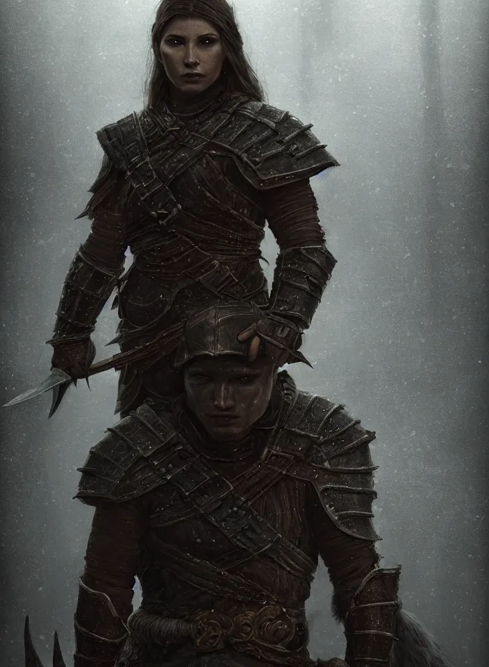 Prompt: a portrait of an nord warrior wearing leather armor from skyrim, fantasy setting, dark environment, serene colors, soft lighting, atmospheric, cinematic, moody, in the style of diego koi, gina heyer, luiz escanuela, art by alyssa monk, hyperrealism, rule of thirds, golden ratio, oil on canvas, 8 k