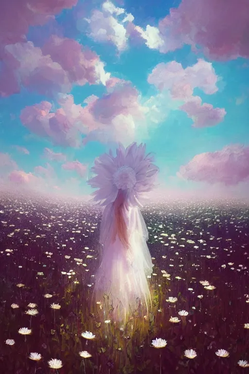 Image similar to giant white daisy flowers veil head, girl walking in a flower field, surreal photography, sunrise, dramatic light, impressionist painting, colorful clouds, digital painting, artstation, simon stalenhag