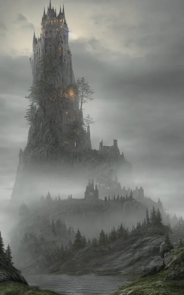 Prompt: the tower of a castle emerging from a lake, fog, fir trees, dramatic atmosphere, gloomy, orange light in the clouds, medieval adventurers in lord of the rings scenery landscape, reflections, highly detailed, cinematic lighting, perfect composition, 4 k, gustave dore, derek zabrocki, greg rutkowski, belsinski, octane render