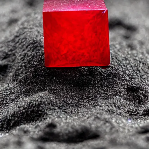 Image similar to cube shaped ruby standing on sand, macro photo, high detail, nikon d 8 1 0, ƒ / 5. 6, focal length : 6 0. 0 mm, iso : 2 0 0