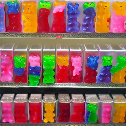 Prompt: Gummy Bear candies alive, caught on camera, lost footage, blurry, shouldn't be seen, backrooms