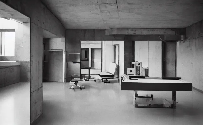 Image similar to Interior shot of a secret brutalist concrete breez block studio apartment with computers and aquariums and with glossy concrete floor by stanley kubrick, shot by 35mm film color photography