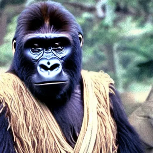 Prompt: film still of a gorilla in star wars as luke skywalker