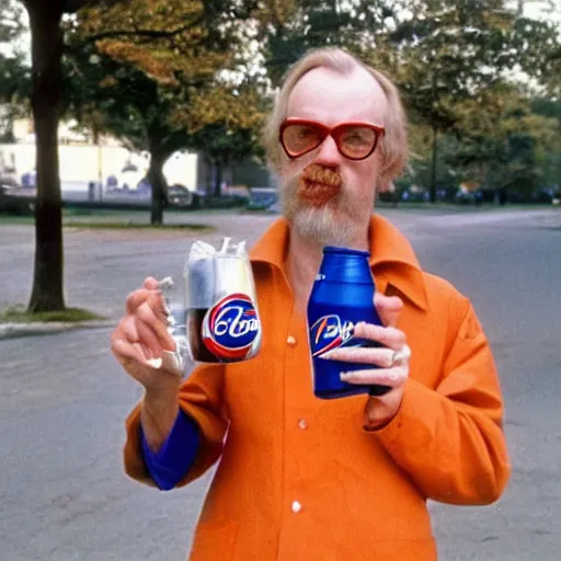 Image similar to hugh hopper on a street corner holding diet pepsi in one hand and an orange in his other hand