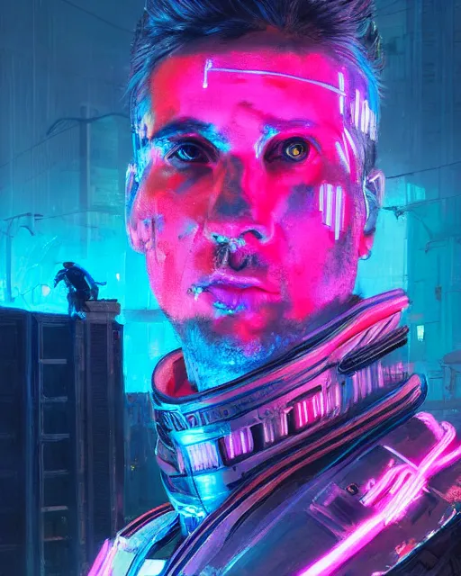 Prompt: detailed portrait Neon Emperor Caesar, cyberpunk futuristic neon, reflective pink and blue coats, decorated with traditional Rome ornaments, burning Rome behind by Ismail inceoglu dragan bibin hans thoma greg rutkowski Alexandros Pyromallis Nekro Rene Maritte Illustrated, Perfect face, fine details, realistic shaded, fine-face, pretty face