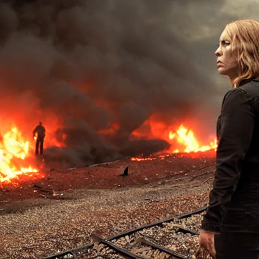 Image similar to trainwreck, boxcar on fire, atmospheric and depressed, post-apocalyptic, Cinematic, film still from a horror movie