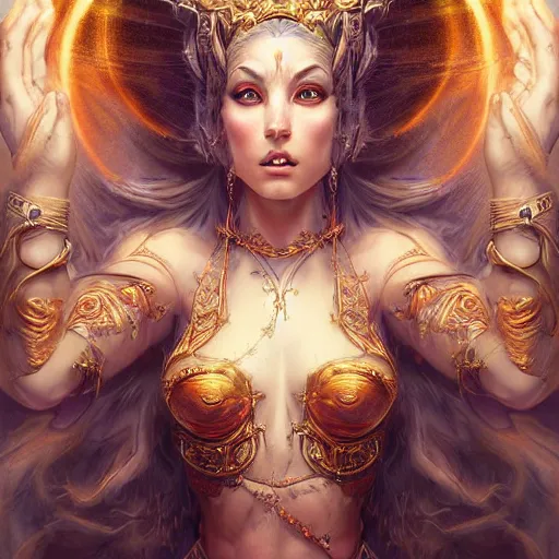 Prompt: digital painting of goddess of illusion by filipe pagliuso and justin gerard, symmetric, fantasy, highly, detailed, realistic, intricate