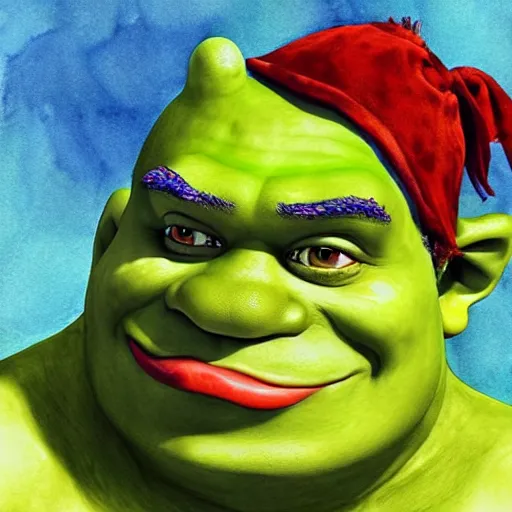 Image similar to water color art on paper, shrek portrait, highly detailed, artstation, masterpiece