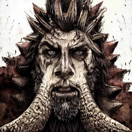 Image similar to berserker, wild ancient Irish, man with messy beard, wild hair, dinosaur skin cloak, dinosaur mask, dirt on face, dinosaur tattoo on face, wild look in his eyes, white background, highly detailed illustration, character design, art station, award winning