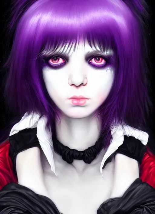 Image similar to hair blackbangs hair, white cyberlox, portrait of normal teenage girl, normal face, black bangs, messy bangs, fluffy bangs, cyberlox, whitebangs, red contact lenses, purple background, intricate, elegant, highly detailed, digital painting, artstation, concept art, sharp focus, smooth, illustration, art by wlop, mars ravelo and greg rutkowski