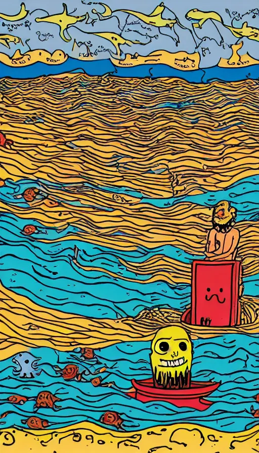 Image similar to man on boat crossing a body of water in hell with creatures in the water, sea of souls, by allie brosh