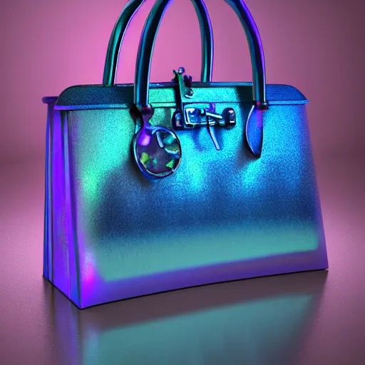 Image similar to a cristal designer bag, iridescent color, fashion shooting, photorealistic, fantasy, artstation, studio photo