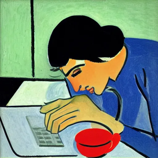 Image similar to close - up of a frustrated young woman coding on her laptop, by matisse 1 9 4 5. early morning, hot coffee