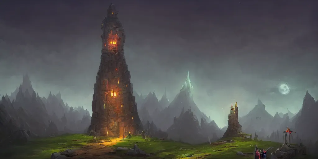 Image similar to The single lonesome grand wizard tower by Tyler Edlin and Raphael Lacoste, fantasy art, green fields in the background, wide angle, cinematic composition, dark moody lighting, moon in the sky