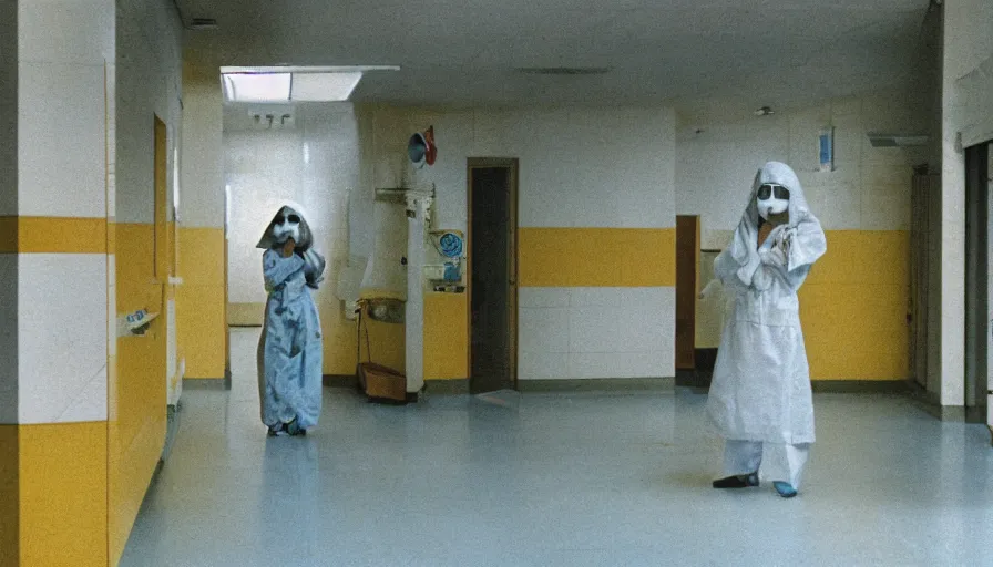 Prompt: 60s movie still of a white japanese female phantom mask in an empty soviet stalinist style hospital with yellow tiles floor with light blue beds, cinestill 800t 35mm technicolor, heavy grain, high quality, higly detailed, liminal space