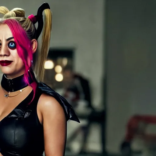 Image similar to A still of Kaley Cuoco as Harley Quinn