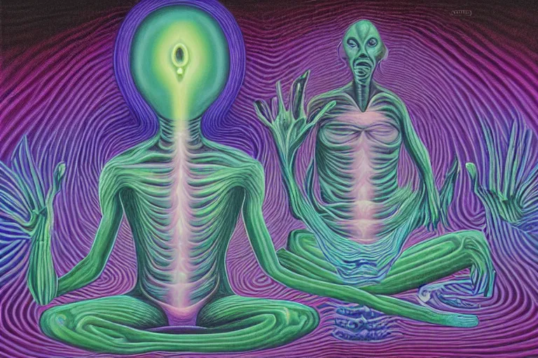 Image similar to painting of a terrified alien meditating under a tree by alex grey, acrylic art, dreadful, soothing, somber, elegant, soft light,