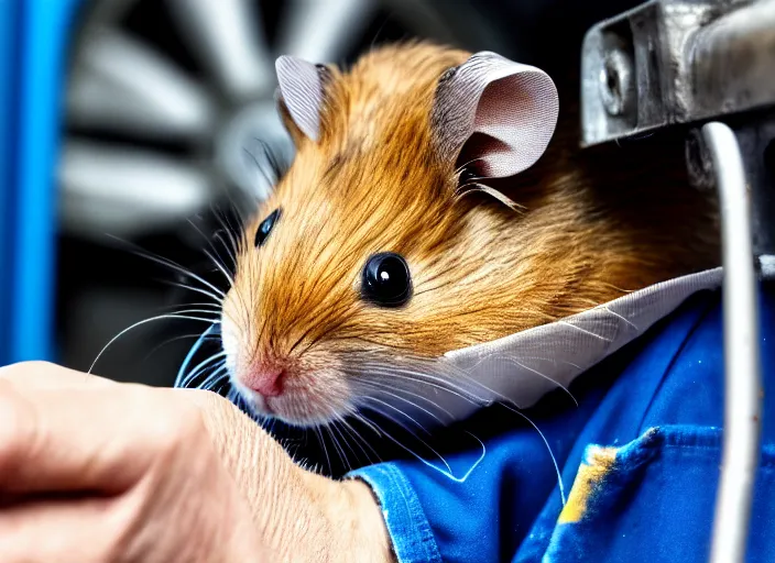 Image similar to film still of a hamster working as a mechanic in an auto shop, 8 k