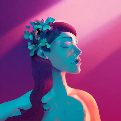 Image similar to closeup, giant flower head, woman next to modern windows, luxury apartment, surreal photography, dramatic light, impressionist painting, digital painting, artstation, james gilleard