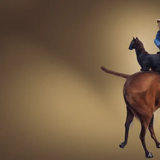 Image similar to a cat standing on a dog that riding a horse, realistic, 4k