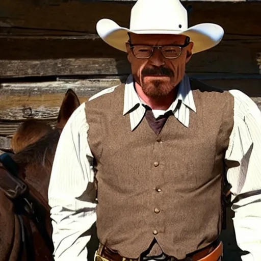 Prompt: walter white as a cowboy in a western town, cinematic